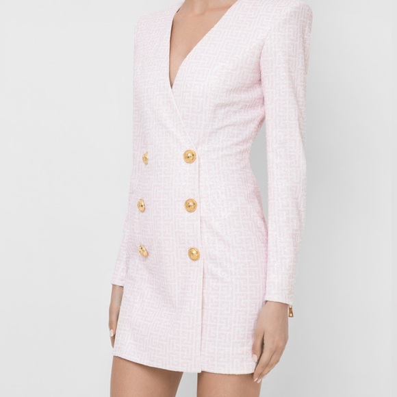 $3400 Balmain Pink Double-Breasted Sequin Logo Dress - Picture 3 of 16